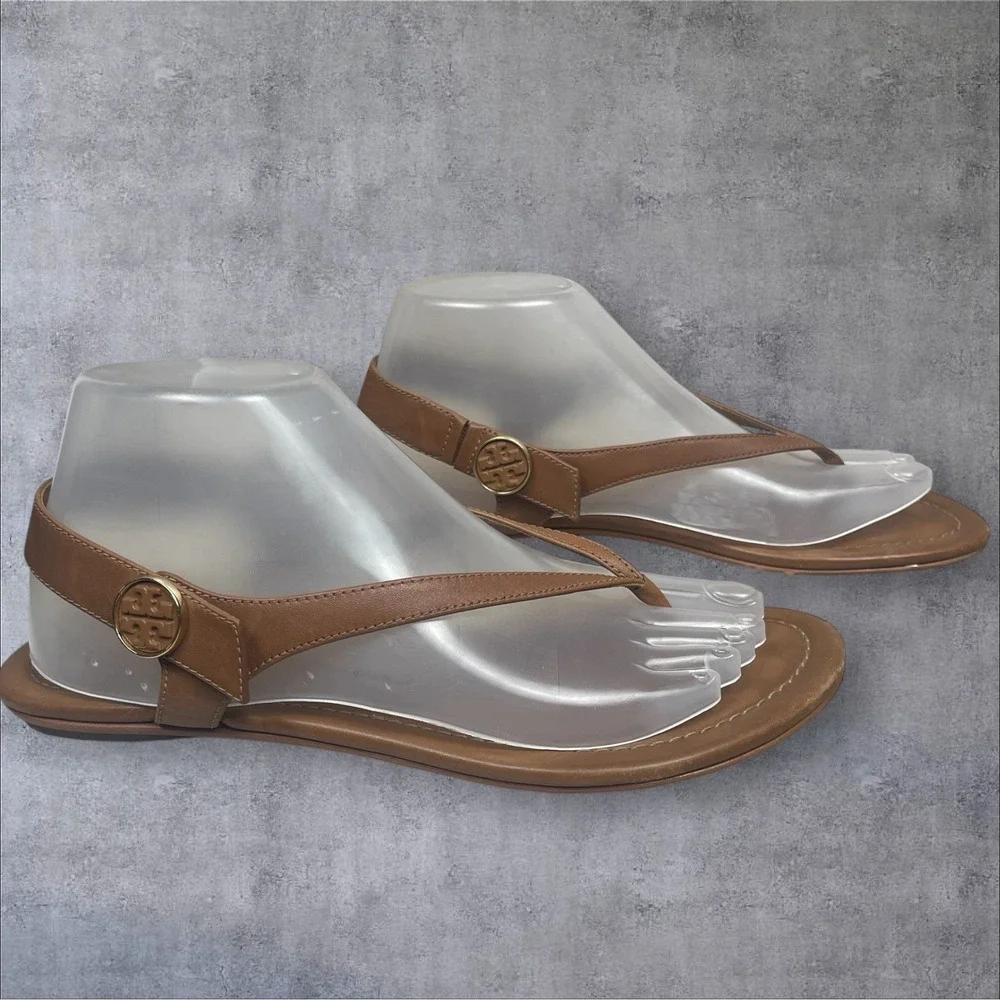 Tory Burch Minnie Travel Sandals Caramel Brown Leather Thong Womens 8M Classic